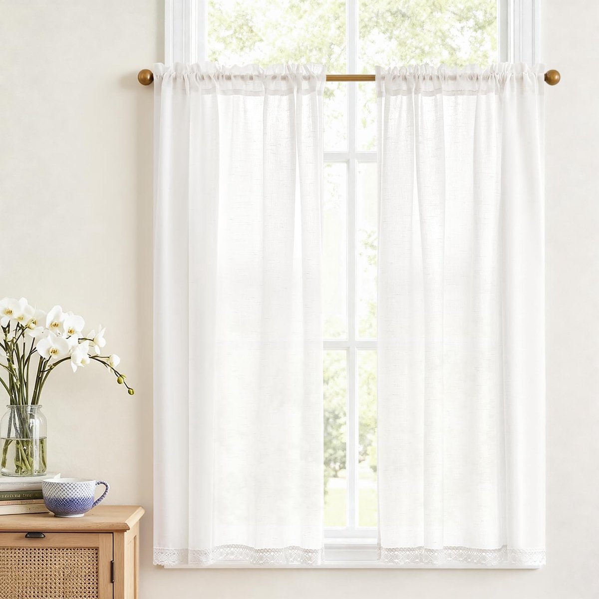 Gordijnen voor ramen Modern keuken linnenlook Bistrogordijn set van 2 90B x 115H cm wit kanten rand volant met stangendoortrek Boho gordijnen landhuisstijl kort lichtdoorlatend caravan