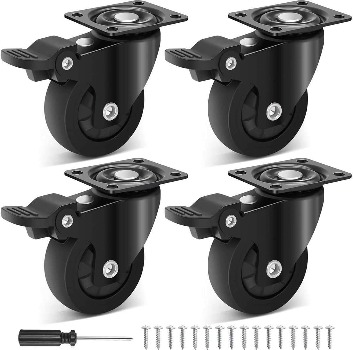 Zwenkwielen met rem 50mm, draagvermogen 270kg, kleine platte zwarte meubelwielen, stil draaiende rubberen zwenkwielen voor tafel, voor meubels en werkbankwagen, 4 stuks