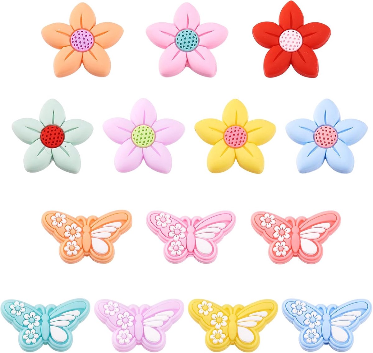 Kralen in vlindervorm, 14 stijlen, kleurrijke bloemen, insecten, rubberen knutselkralen voor parelstiften, kaychain, sleutelhanger, sieraden maken, gat: 2 mm