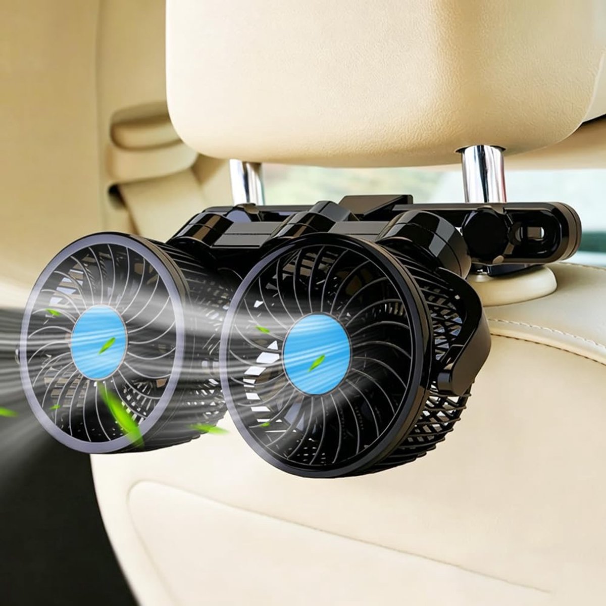 Autoventilator met dubbele kop, ventilator met dubbele kop, 12 V, 360 graden draaibaar, autokoelventilator, traploze snelheidsregeling, voor auto, SUV, camper, bestelwagen