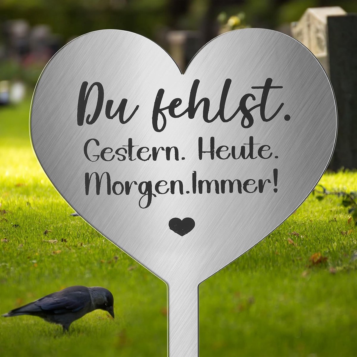 Grafsteker metaal hart met spreuk du Fehlst.GESTERN. VANDAAG. Morgen. ALTIJ! Hart grafdecoratie weerbestendig vorstbestendig grafversiering om te herinneren decoratief hart verdriet