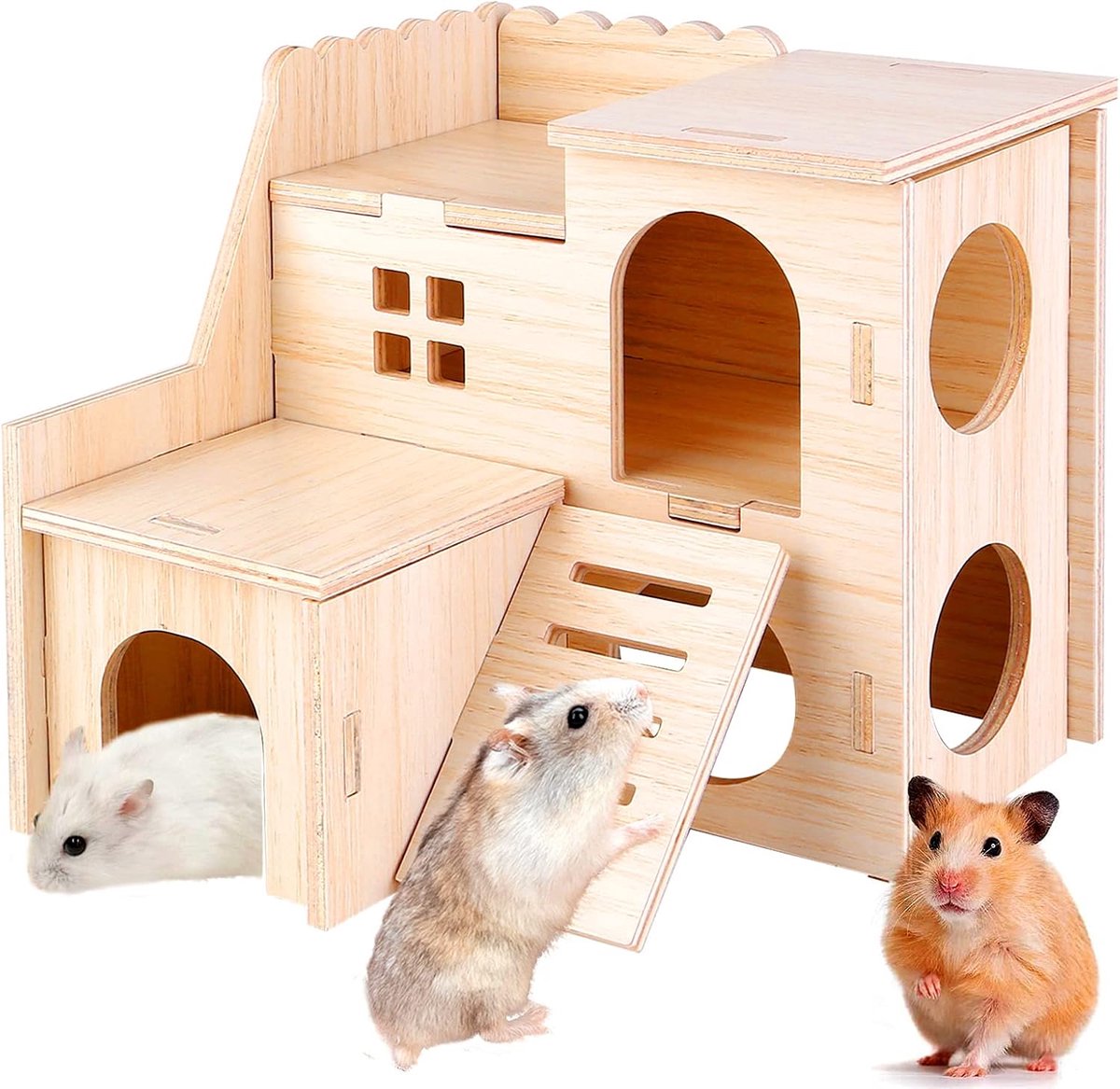 Hamster hoekhuis - houten hamsterhuis met ladder, 2 etages hamsterverstopplaats voor kleine huisdieren zoals dwerghamsters, gerbils, degus, stekelmuizen