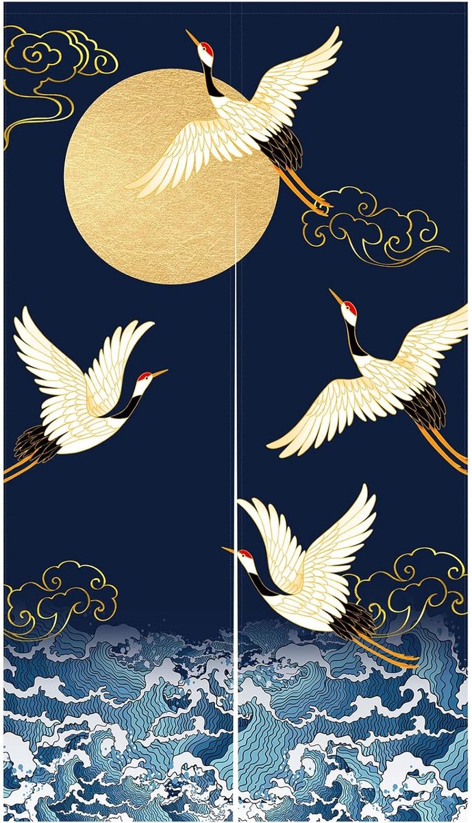 Noren Deurgordijn in Japanse stijl, kranen, golven, goudkleurig, volle maan, bedrukt, katoen en linnen, raambehandeling, wandtapijt voor woondecoratie, 85 x 150 cm, marineblauw