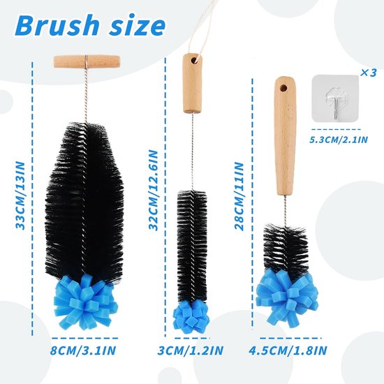Flessenborstel met ergonomische handgreep, 35 cm, zwart-blauw, voor glazen en plastic flessen — afbeelding 5