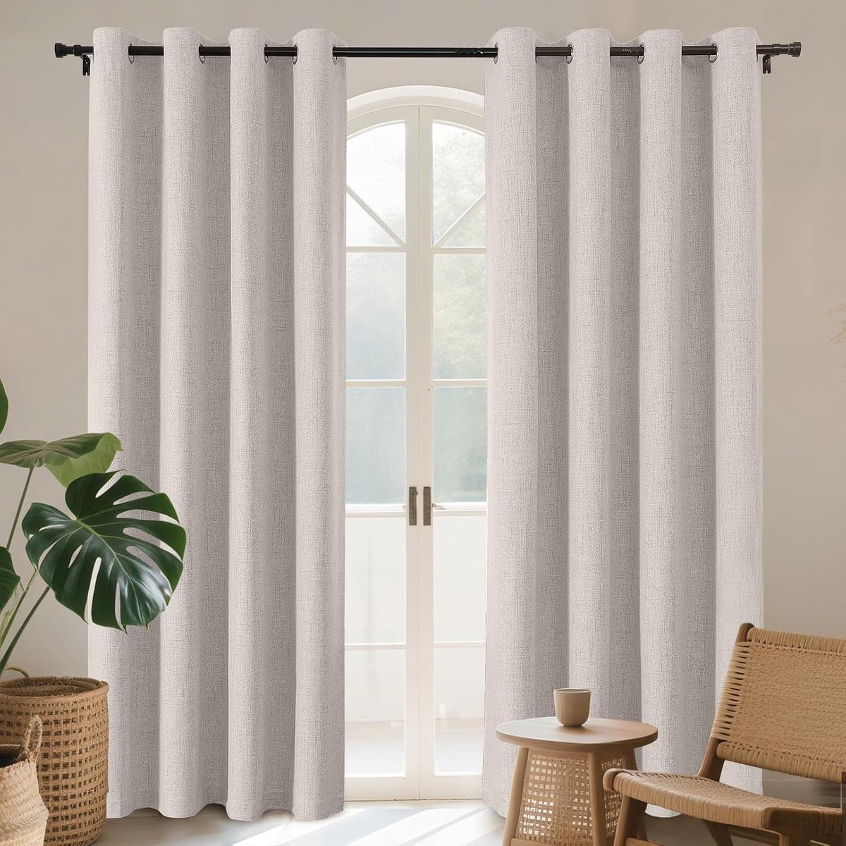 Gordijnen, set van 2 stuks, in linnenlook, 100% ondoorschijnend, met gecoate achterkant, met inslagringen, verduisteringsgordijn, warmte-isolerend, warmte-werend, voor de slaapkamer, woonkamer