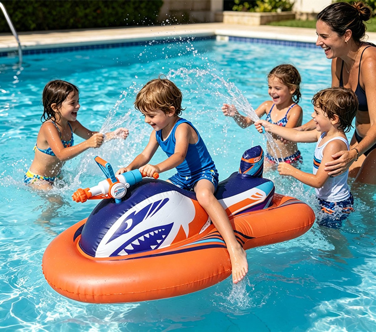Opblaasbare jetski-zwemband voor kinderen met ingebouwd waterpistool – opblaasbaar waterspeelgoed om op te zitten voor zwembad, strand of meer – ideaal voor zomerse waterfeestjes – geschikt voor jongens en meisjes van 3 tot 10 jaar. – foto 6