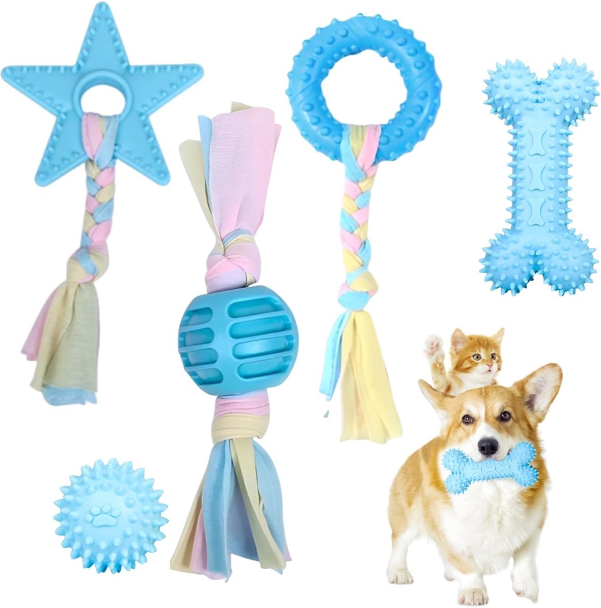 5 stuks interactief hondenspeelgoed met touw en bal, bijtspeelgoed voor honden, met ballen en touwen van katoen, kauwspeelgoed, interactief hondenspeelgoed