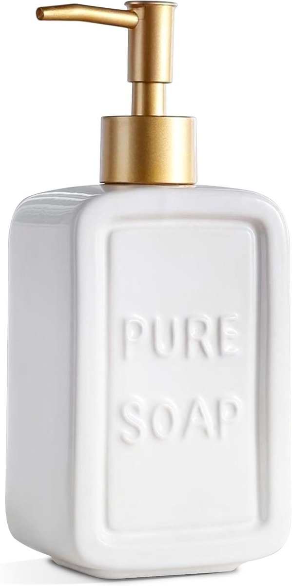 Zeepdispenser van keramiek, wit en goud, 350 ml, Pure Soap Bad | Druppelvrije pomp met precisie, 2 ml per druk op de knop, navulbare en duurzame dispenser voor handzeep of lotion