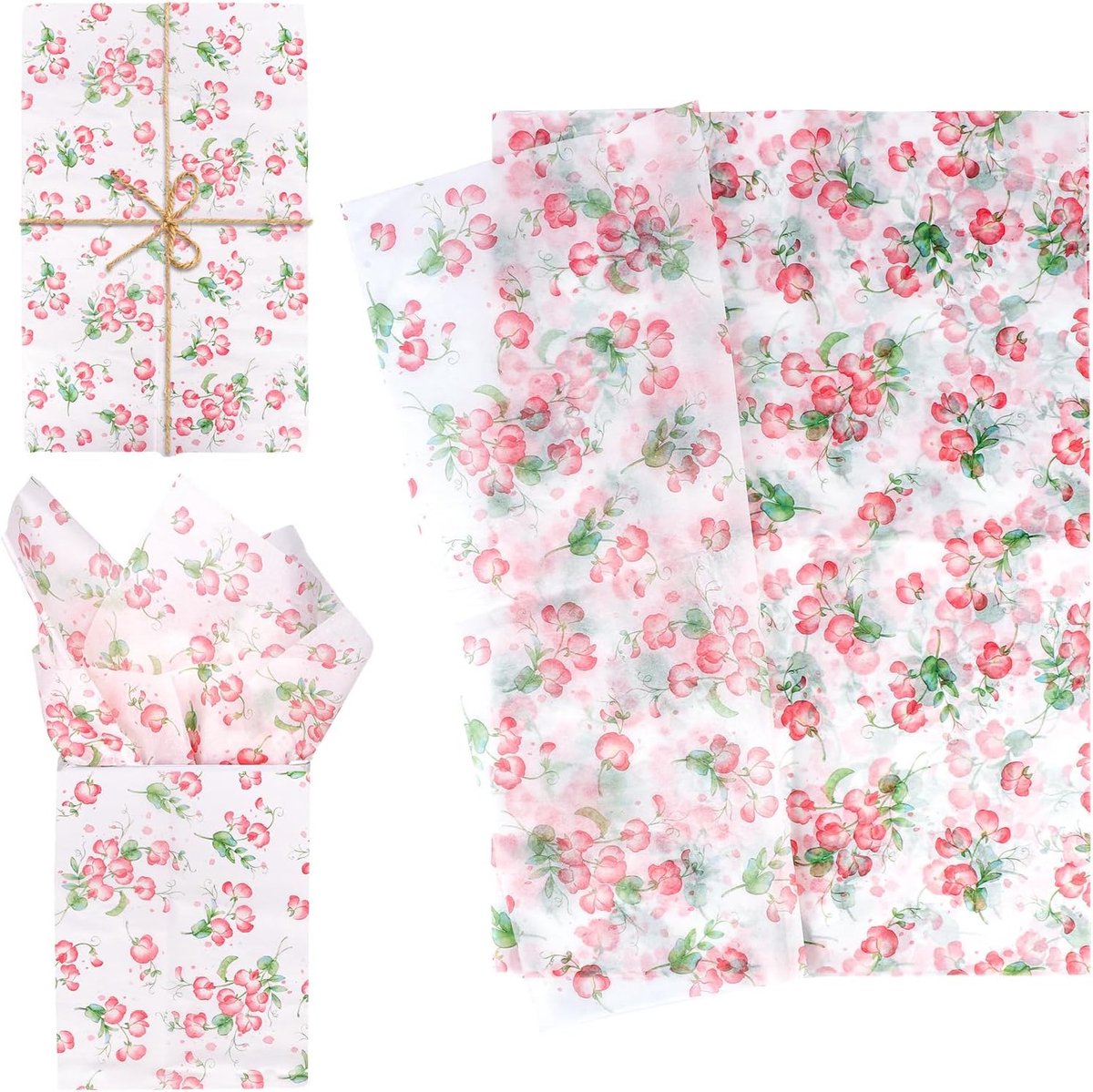 30st Bloemen Vloeipapier, 50x35cm Roze Erwtbloesem Inpakpapier Decoratief Inpakpapier Vellen voor Cadeauzakken Kerstmis Trouw Verjaardag Feest DIY Handwerken Benodigdheden