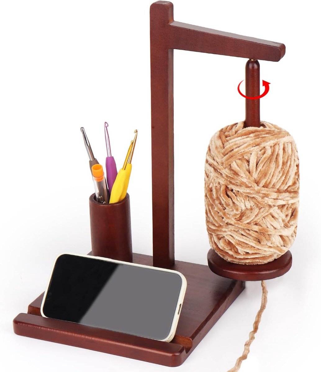 Garenhouder om te haken, multifunctionele wolwikkelaar van hout, haakgarenhouder, spinner, grote wollen houder voor haken en breien, magnetische wollen bolhouder met opslag en telefoonhouder