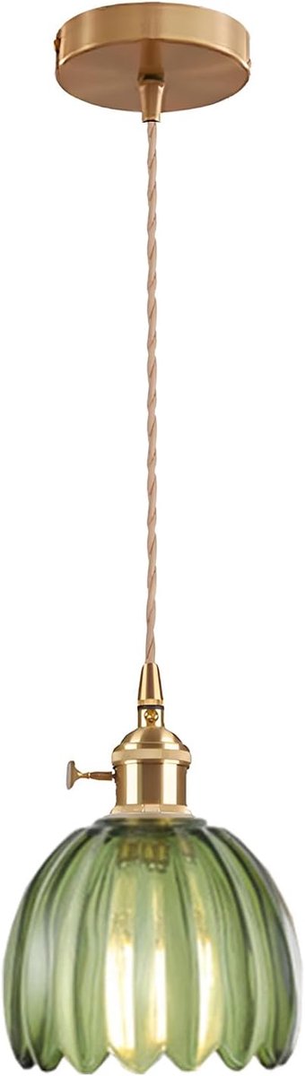 SnelShoppen - Vintage Glas Pendellicht met E27 Fitting en Draaischakelaar, Bloemvormige Plafondlamp voor Keuken, Eetkamer, Slaapkamer (Groen, 1 Stuk)