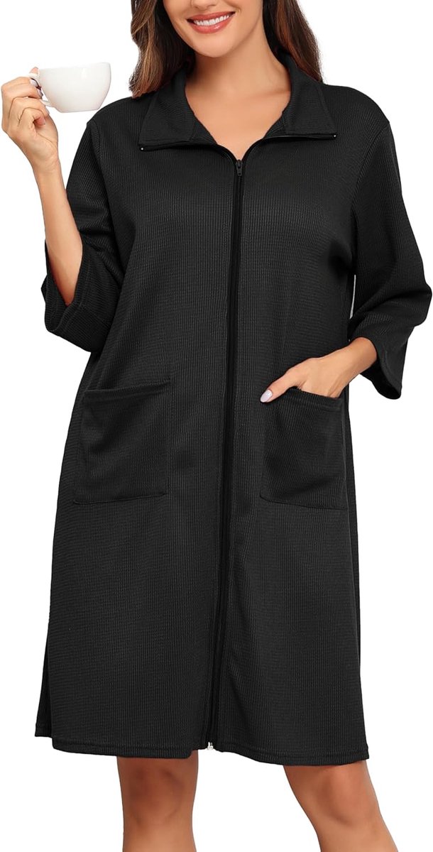 SnelShoppen - Dames Wafel Pique Badjas met Rits 3/4 Mouwen Lichtgewicht Korte Dressing Gown met Zakken voor Thuis en Wellness - Comfortabele Nachtmode