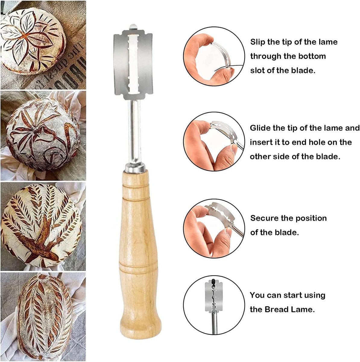 SnelShoppen - Bakmes, Snijmes voor Brood en Gebak met 5 Stuks Razor Blades, Professioneel Keukenmes met Curved Blade en Lederen Beschermhoes voor Bagu