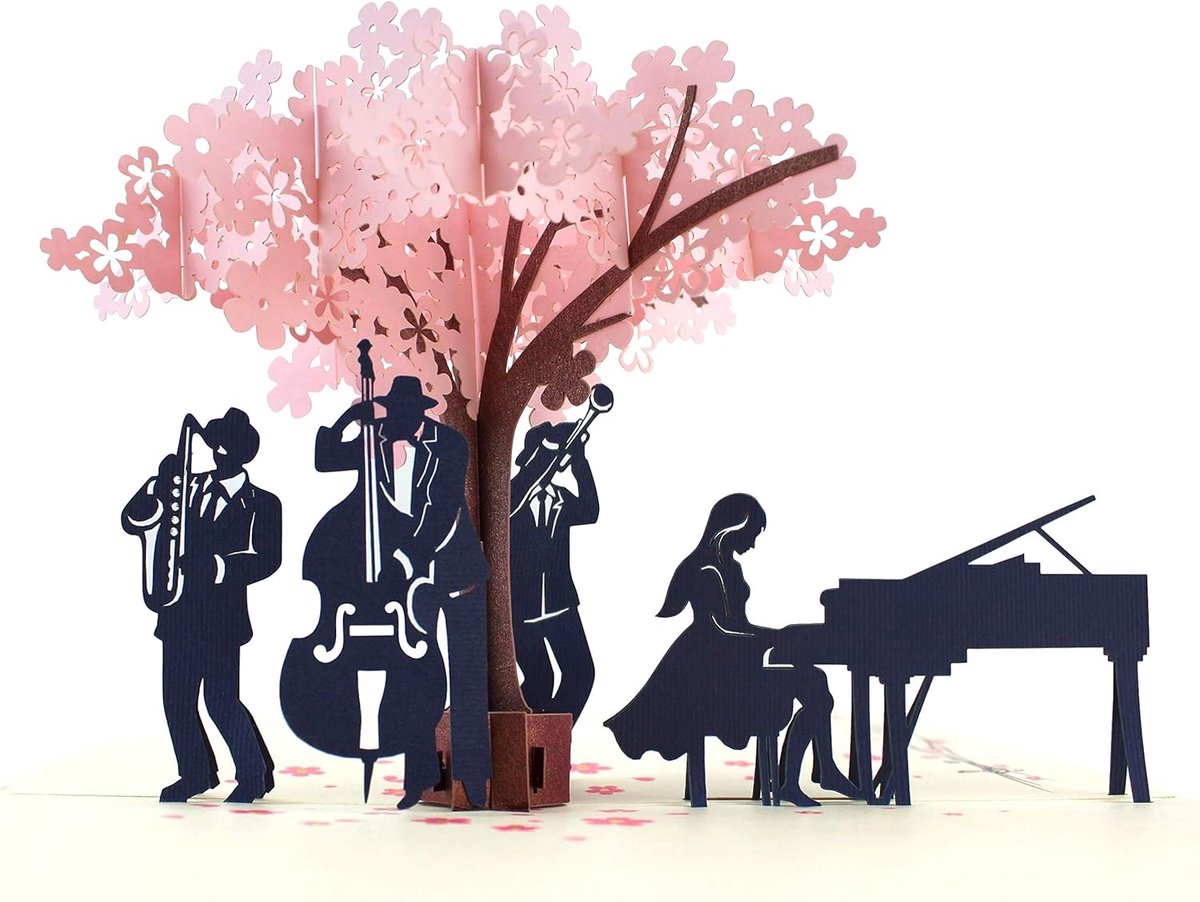 SnelShoppen - 3D Pop-Up Kaart Jazz Concert Onder een Bloeiende Boom - Handgemaakte Verjaardag- of Trouwen, Jubileum, Pensioen Wenskaart met Envelop