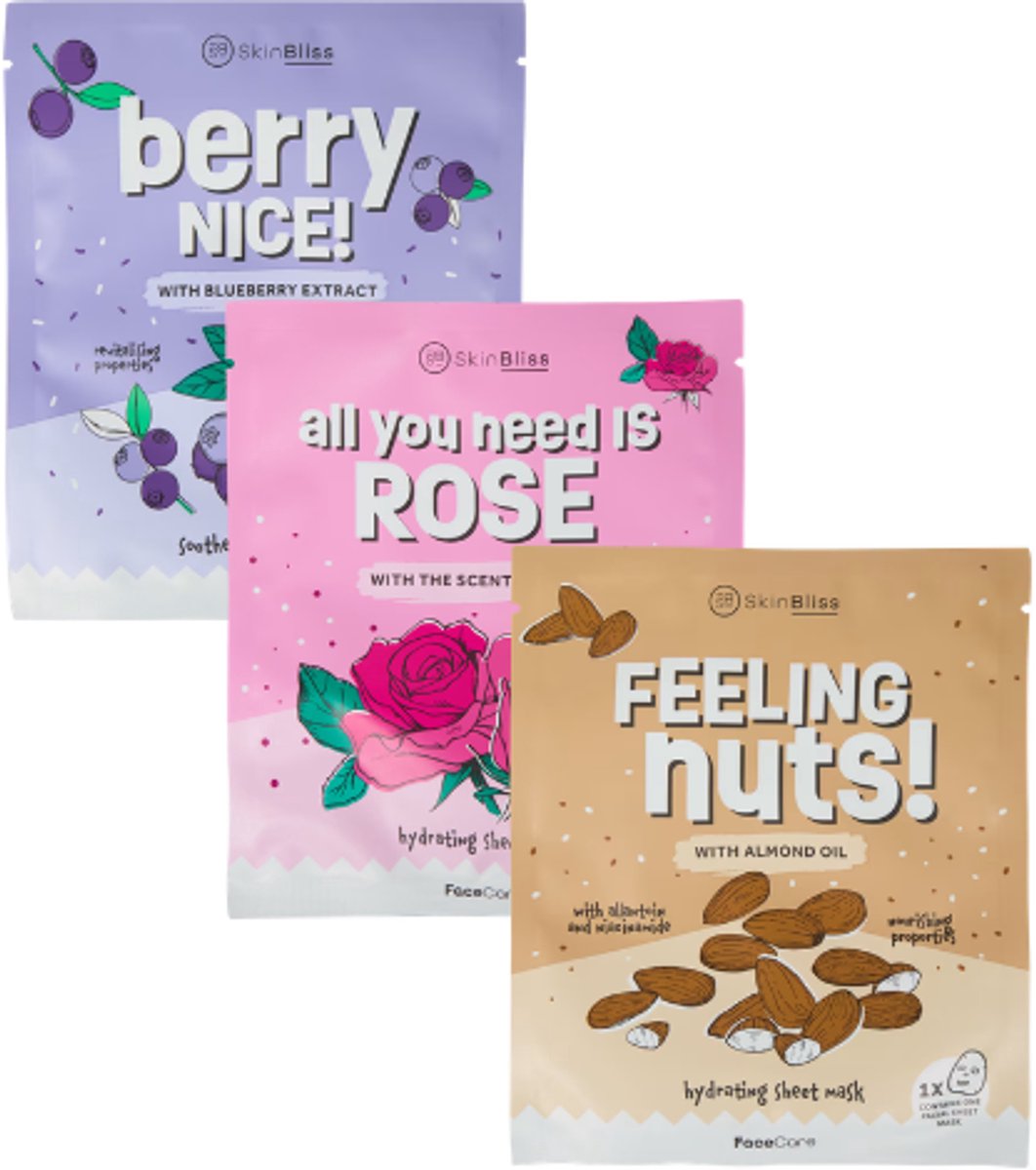 Skin Bliss Sheet Mask - Gezichtsmasker Set van 3 | 3x 20 ml - Blauwe Bes - Roos - Amandel | Hydraterend - Verzachtend - Voedend