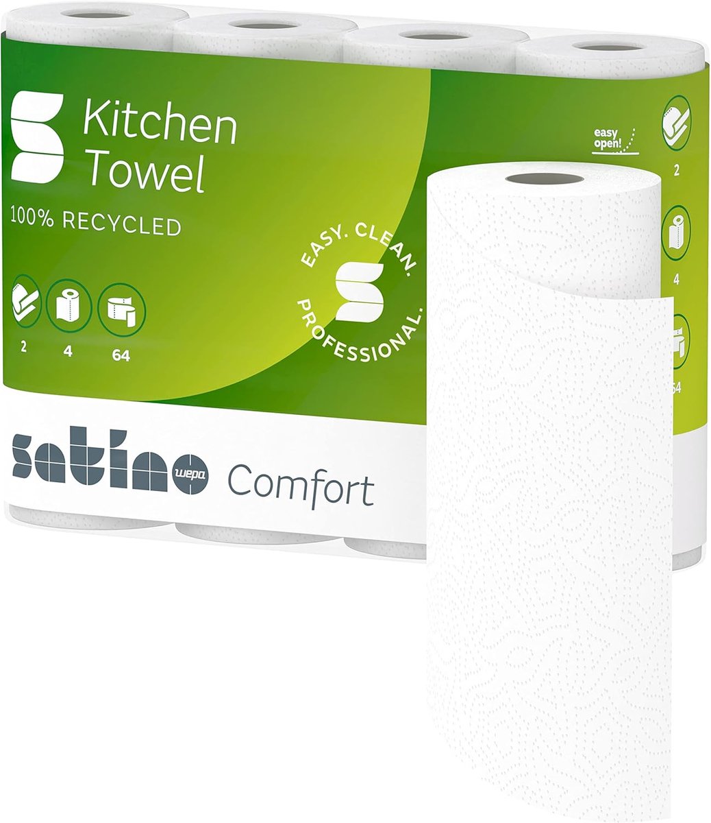 SnelShoppen - Keukenrol 2-laags 32 stuks | Absorberend, Perforated, Waterproof | 100% Gerecycled Papier | Ideaal voor Hotel, Gastronomie, Keuken, Kita