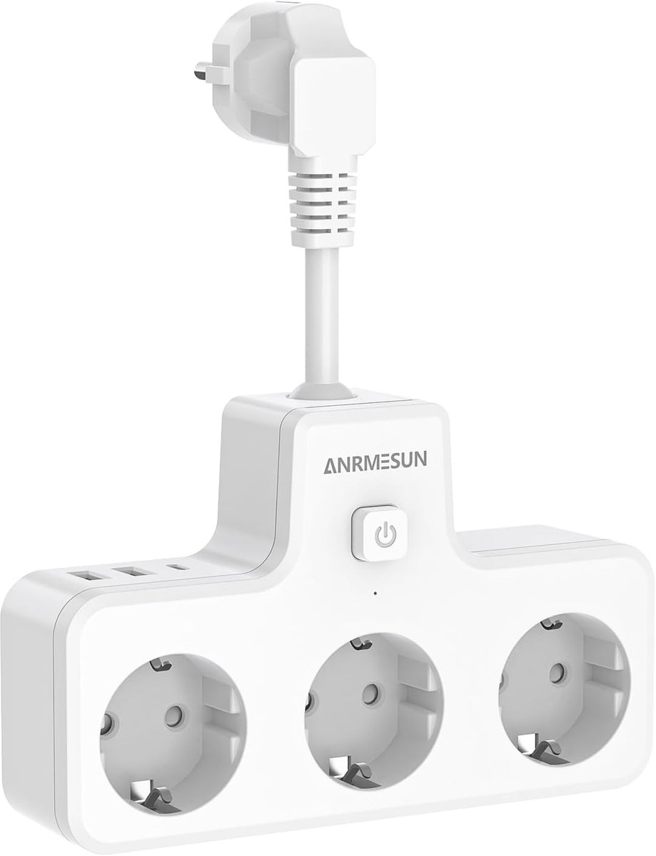 SnelShoppen - Power Strip USB C 6-in-1 Wandcontactdoos met Schakelaar, 3 USB Poorten en 3 AC Stopcontacten, Compacte Adapter, Max. 3840 W, Ideaal voor