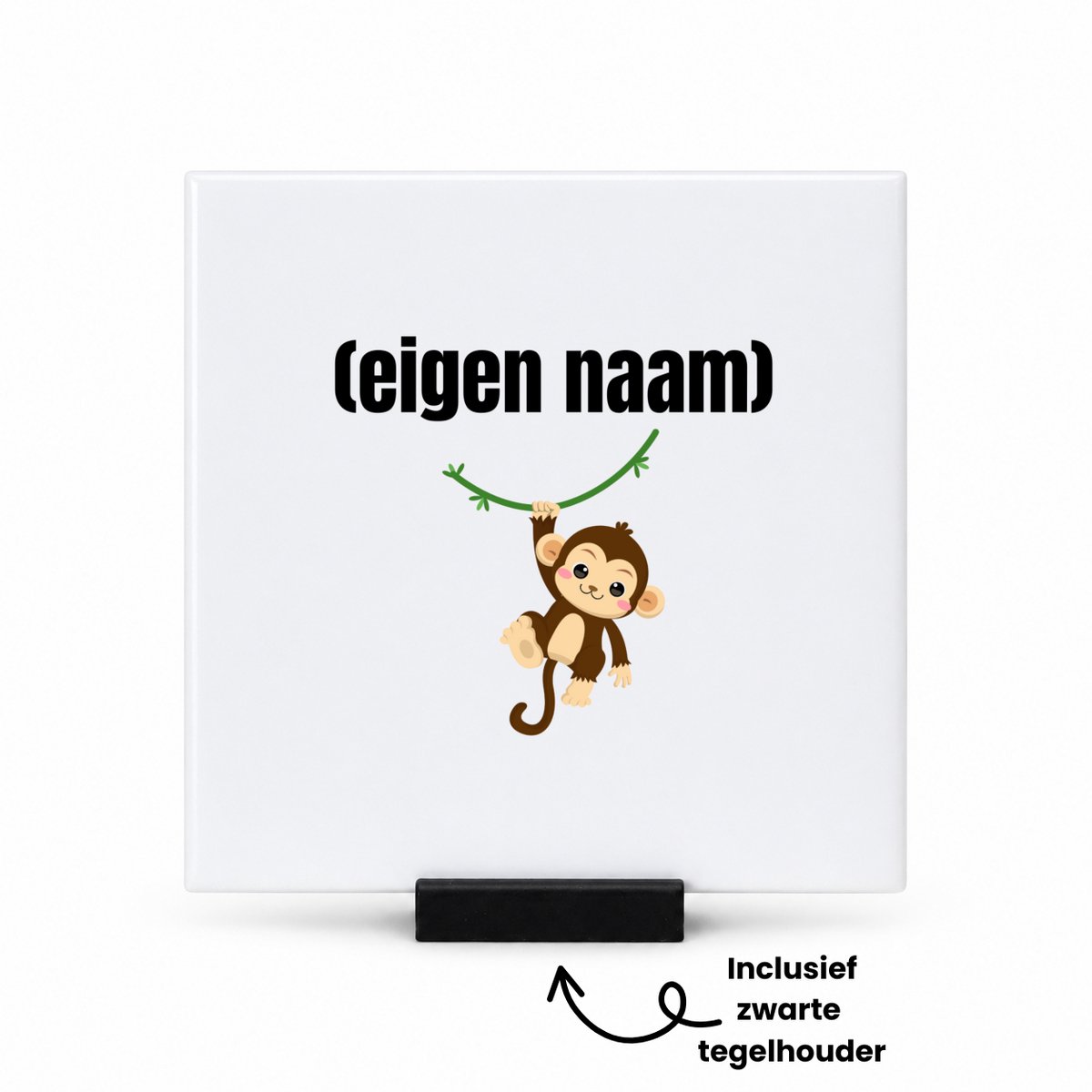 Hacebo kleine aap met eigen naam tegeltje met tegelhouder - Aap - apen liefhebbers - tegeltjes met tekst - iemand die houdt van apen - verjaardag - cadeau - kado - spreuktegels - 10.8x10.8 CM Wit