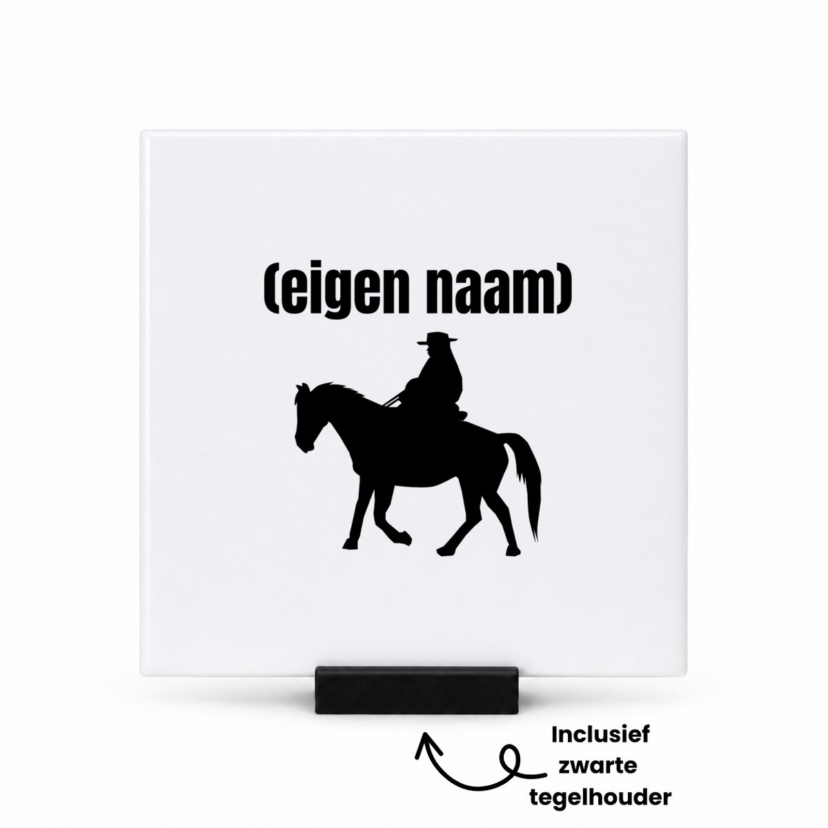 Hacebo cowboy op paard met eigen naam tegeltje met tegelhouder - Cowboy - cowboy liefhebbers - tegeltjes met tekst - wilde westen - verjaardag - cadeau - kado - spreuktegels - 10.8x10.8 CM Wit