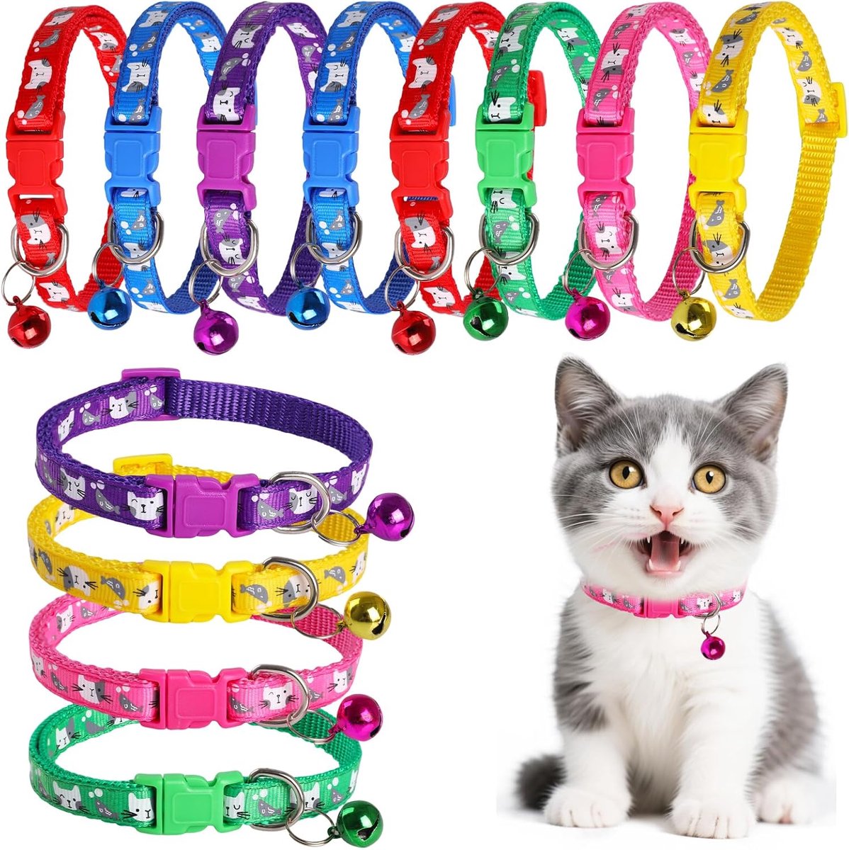 SnelShoppen - Verstelbare Kattenhalsband met Veiligheidsluiting en Belletjes - 12 Stuks, 19-32 cm - Zacht Nylon voor Katten en Honden