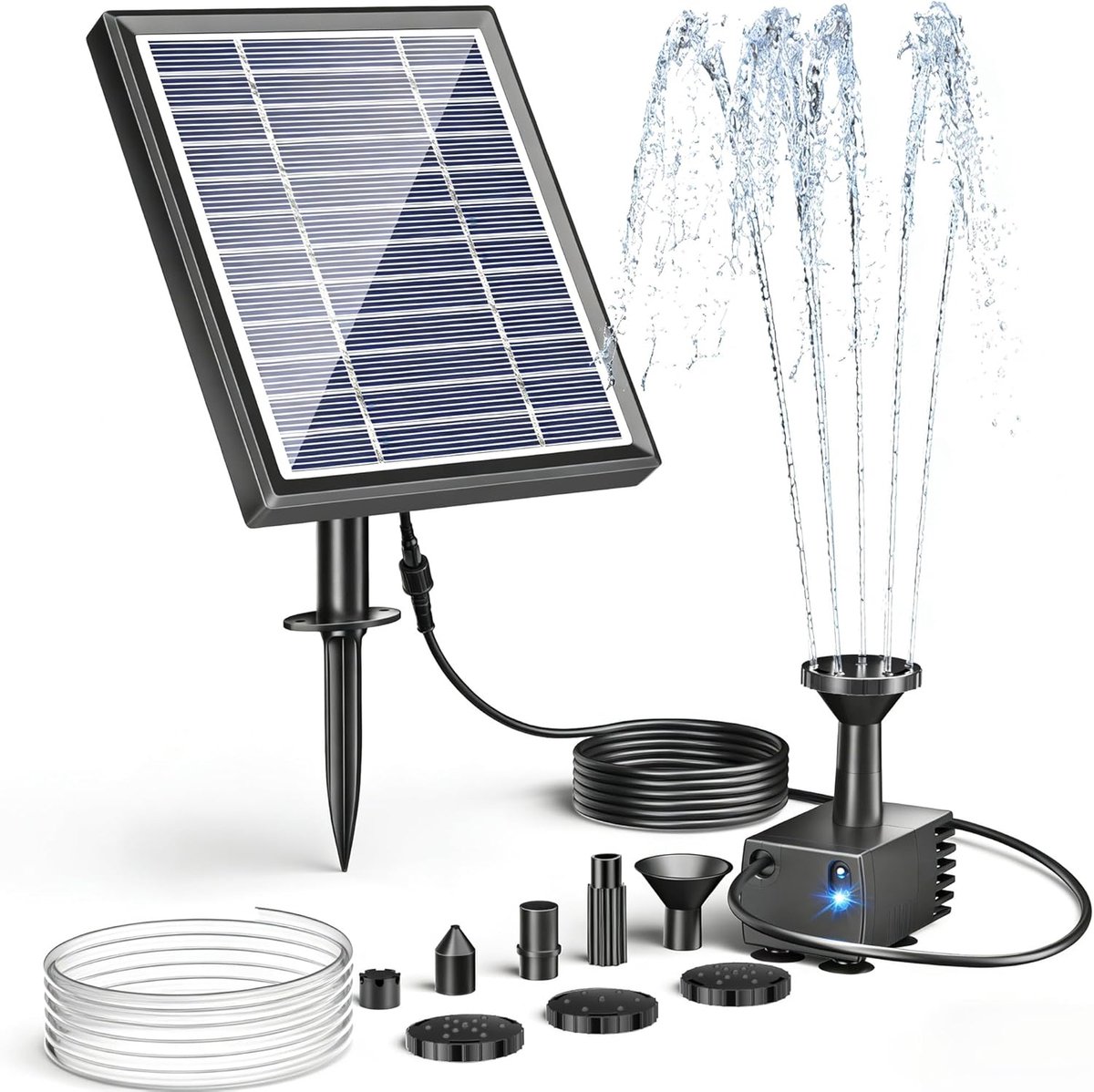 SnelShoppen - Solar Fountain voor Vogelbad, 3W Zonnepomp met 1.2m Slang, 5 Spuitkoppen – Ideaal voor Tuin, Kleine Vijvers, Buitengebruik