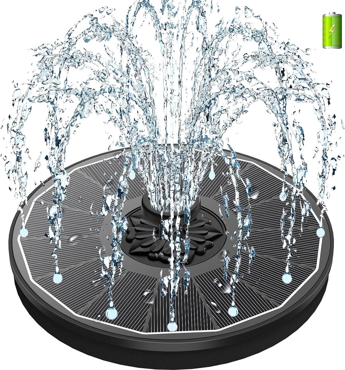 SnelShoppen - Solar Fountain 2026 3.5W Zonnepomp met 2000mAh Accu, Werkt op Bewolkte Dagen, Drijvende Fontein met 8 Effecten en 4 Vaste Buizen voor Tu