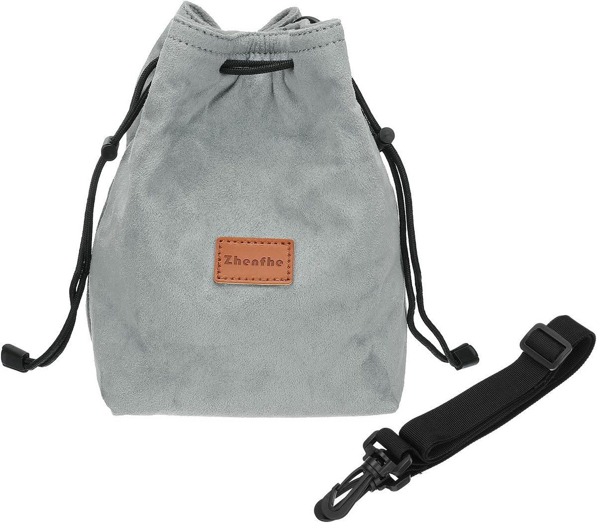 SnelShoppen - Camera Tas, Trekkoord Tas met Verstelbare Schouderriem, Compacte Handtas voor DSLR Camera, Grijs, Klein, Soft Faux Suede, Ideaal voor Fo