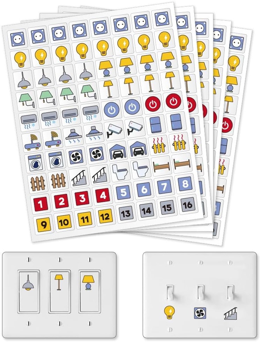 SnelShoppen - Pack van 400 Lichtschakelaar Stickers, 22 Unieke Ontwerpen, Multicolour Transparante Stickers voor Thuis, Keuken, Badkamer, Kantoor, Sch