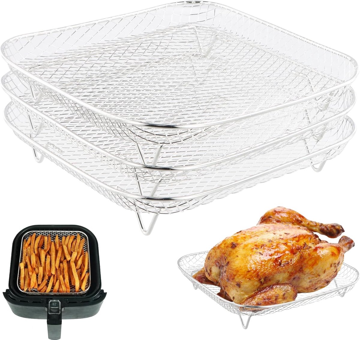 SnelShoppen 3 Stuks Vierkante Air Fryer Racks 304 RVS Airfryer Grill Rack Stapelbare Accessoires voor Koken Bakken en Dehydrateren
