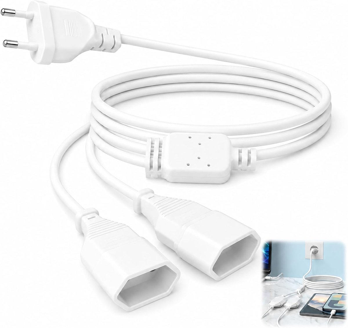SnelShoppen - Euro Extension Cable 0.75 mm² Max 250 V/2.5 A 2-in-1 Verlengsnoer voor Binnengebruik - Wit, 0.5 m, Ideaal voor TV, Monitor, PC en Kleine