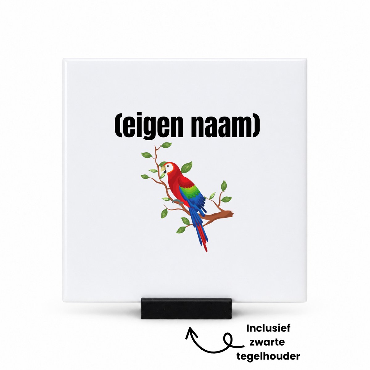 Hacebo papegaai op een tak met eigen naam tegeltje met tegelhouder - Papegaai - papegaai liefhebbers - tegeltjes met tekst - iemand die houdt van papegaaien - verjaardag - cadeau - kado - spreuktegels - 10.8x10.8 CM Wit