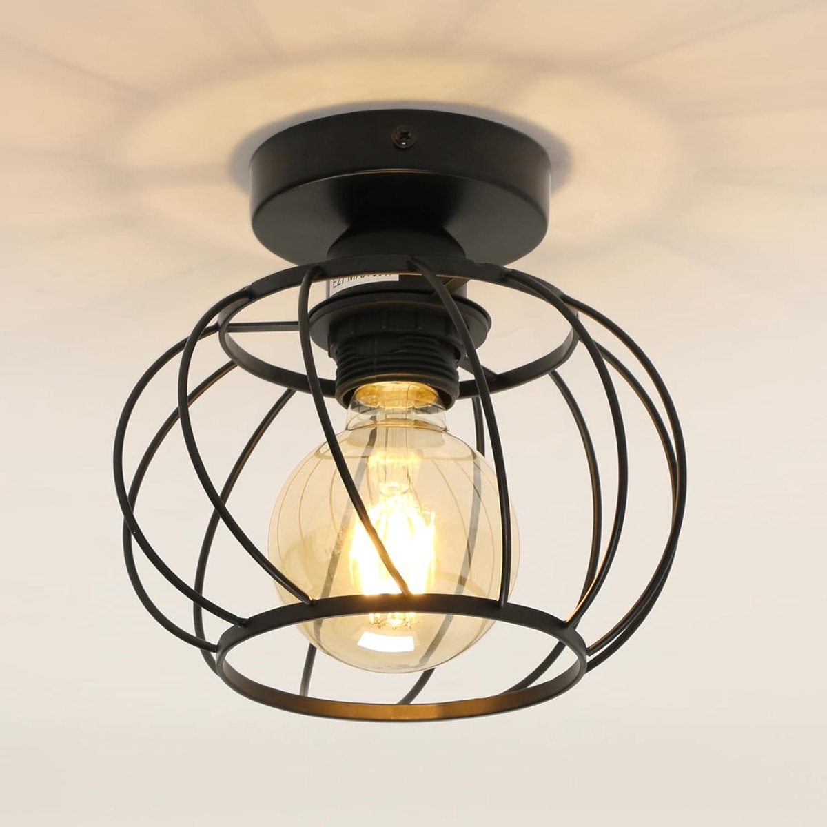 SnelShoppen - Industiële Plafondlamp Zwart met Spiraal Kooi Lampenkap, E27 Retro Hanglamp voor Keuken, Balkon, Gang en Cabin Decoratie