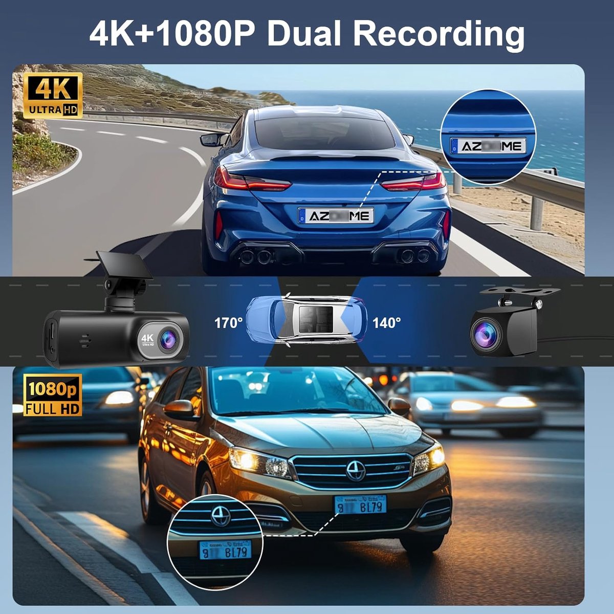 SnelShoppen - Dashcam Achteruitrijcamera 4K + 1080P, WiFi Dash Cam Zonder Draadloze Camera, Dag- en Nacht Recorder met 64G SD Kaart, Nachtzicht, G-Sen