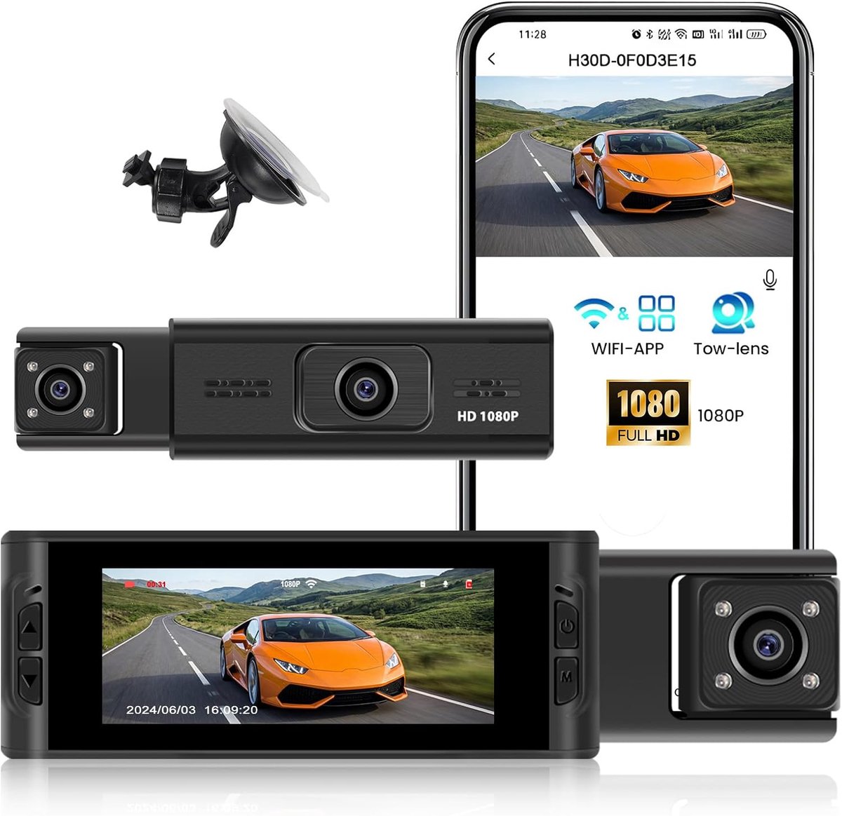 Thijox - CAMECHO Dashcam voor Auto's, 1080p Full HD, Dubbele Lens, Bewegingsdetectie, 150° Groothoek, Loop-opname, App/WiFi, 3,16-inch Scherm
