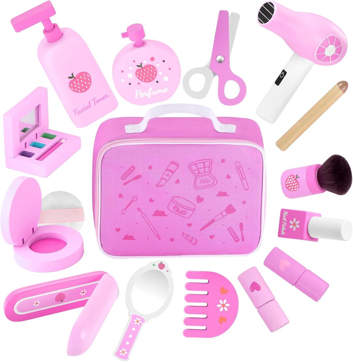 SnelShoppen - Houten Make-up Set voor Kinderen - 16-delige Speelset met Spiegel en Föhn - Eco-vriendelijk Montessori Speelgoed voor Meisjes - Perfecte