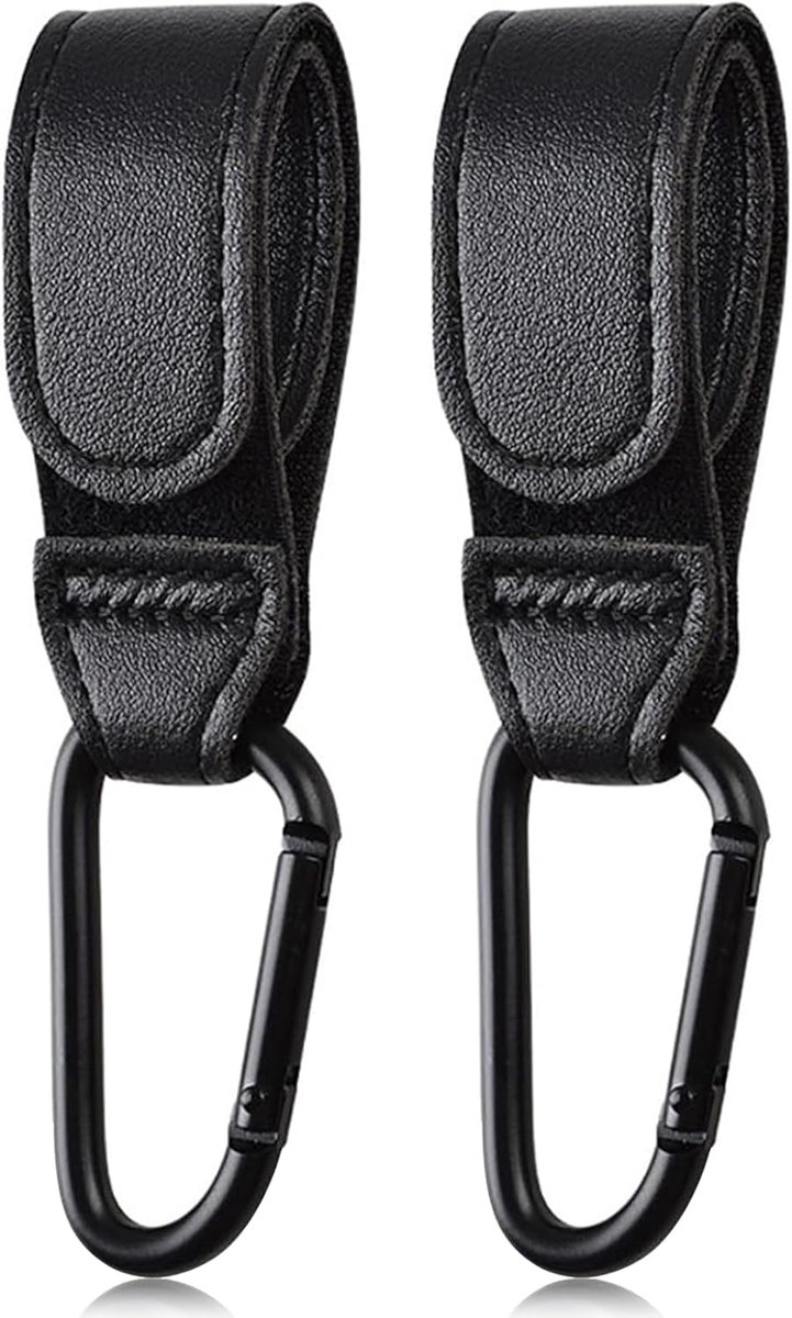 SnelShoppen - 2 Stuks Universele Pushchair Hooks - Hoogwaardige Kunstlederen Haak voor Kinderwagens - Ideaal voor Winkel- en Luiertassen - Zwart