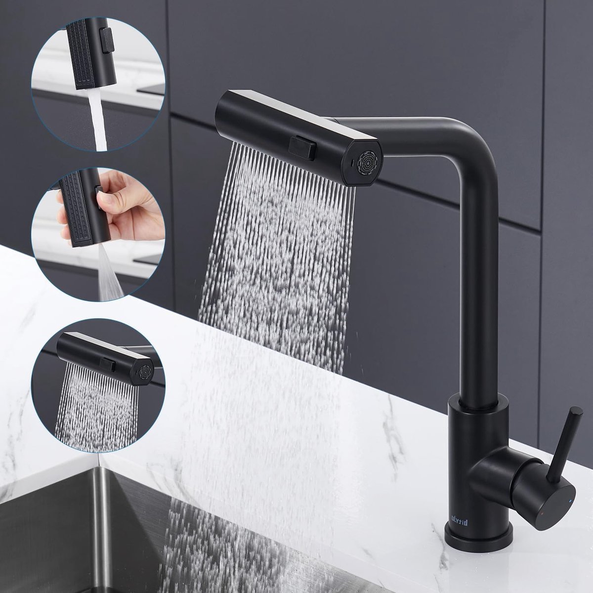 SnelShoppen - Zwart Keukenkraan met Sprayer - Uittrekbare Waterfall Hoge Druk Mengkraan - 3 Spuitstanden - 360° Draaiende Rvs Keuken Mixer - Ideaal vo