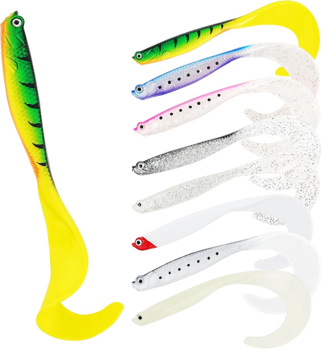 SnelShoppen - Spinning Fishing Bait Set - Rubber Vissen, Zachte Aas met Loodkop Haak, Lures voor Zeebaars, Snoek, Forel, Ideaal voor Zoet- en Zoutwate