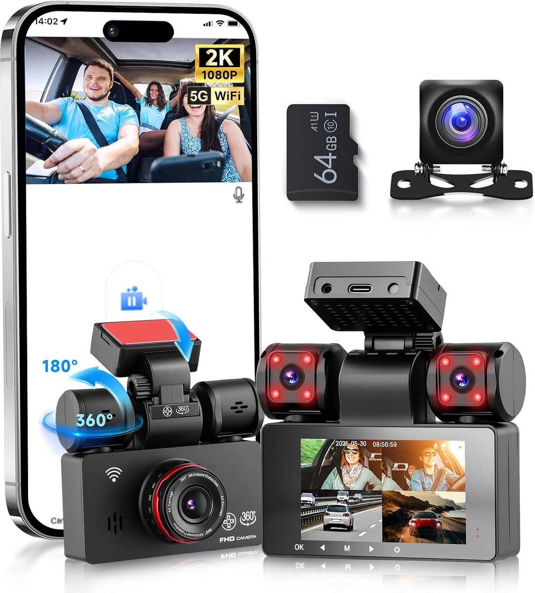 SnelShoppen - Dashcam 4*1080P met Wifi, 2K Auto Camera, 3-inch IPS Scherm, 24-Uur Parkeerbewaking, Nachtzicht, G-Sensor, 360-Graden Bescherming, Inclu