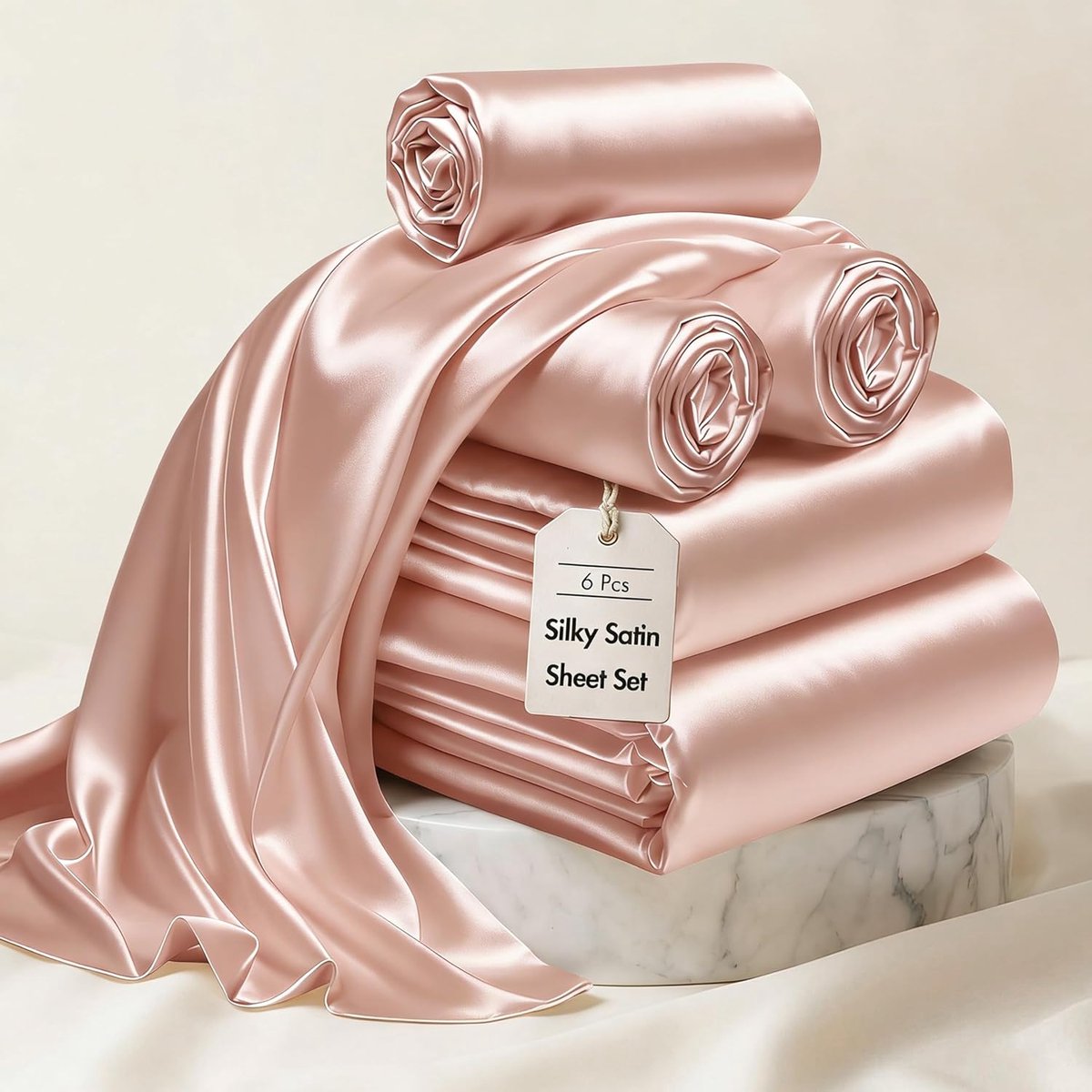 SnelShoppen - Luxe Satijnen Laken Set - 6-delig - Zacht en Glanzend - 100% Polyester Microfiber - 16 Inch Diepe Hoek - Blush Kleur - Perfect voor het
