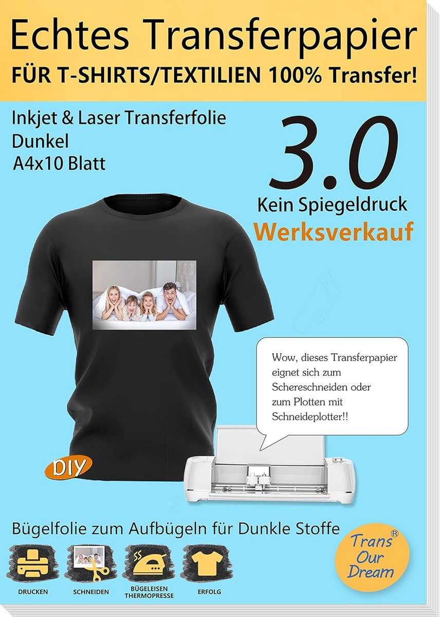 SnelShoppen - A4X10 Transferpapier voor Donkere T-Shirts - Wit Film + 1 x A3 Siliconen Papier - Inkjet/Laser Transfer Film - T-Shirt Papier voor Foto'