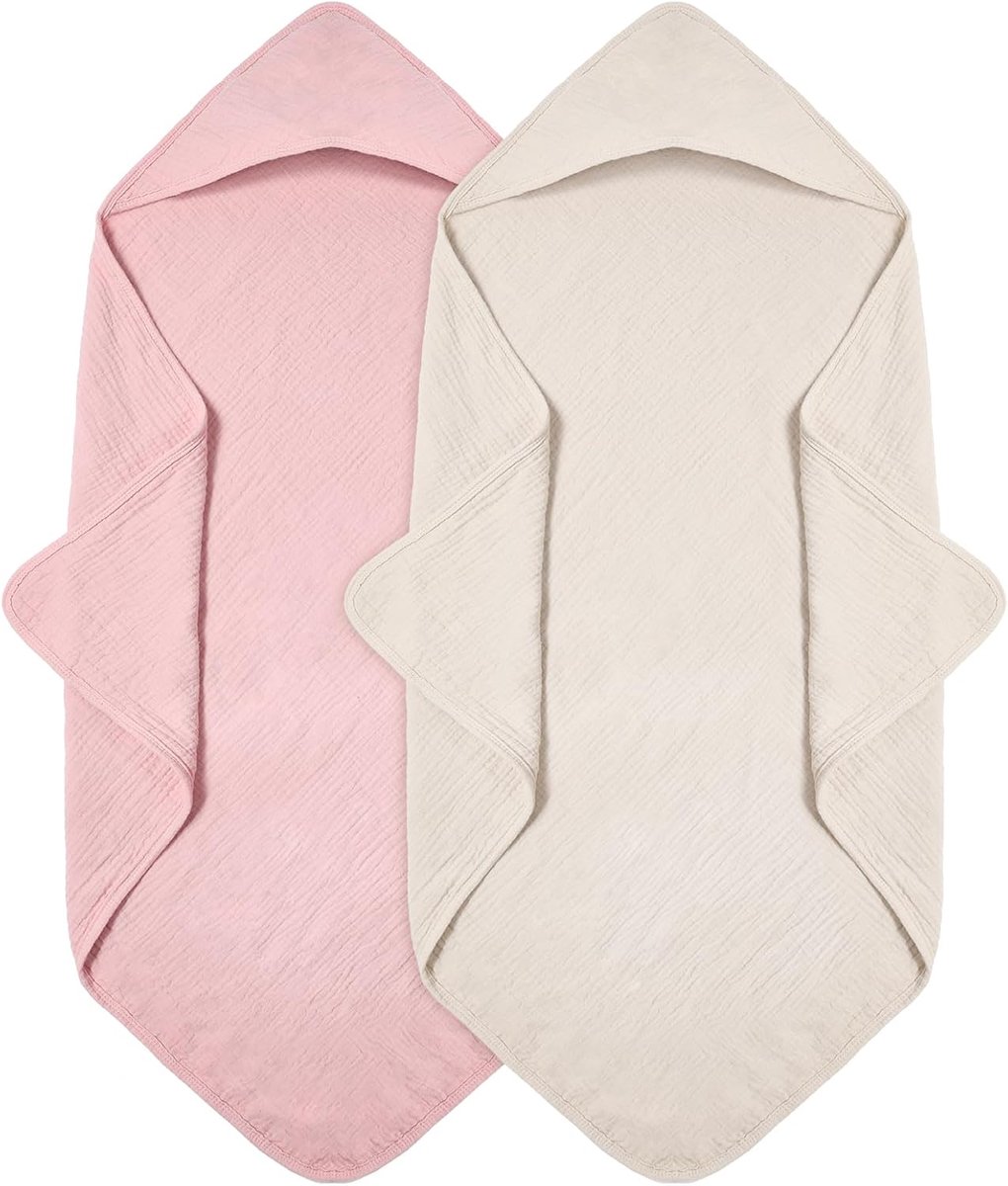 SnelShoppen - Baby Badhanddoek met Kap, 2 Stuks, Zachte en Absorberende Muslin Katoenen Badhanddoek voor Baby's (Roze)