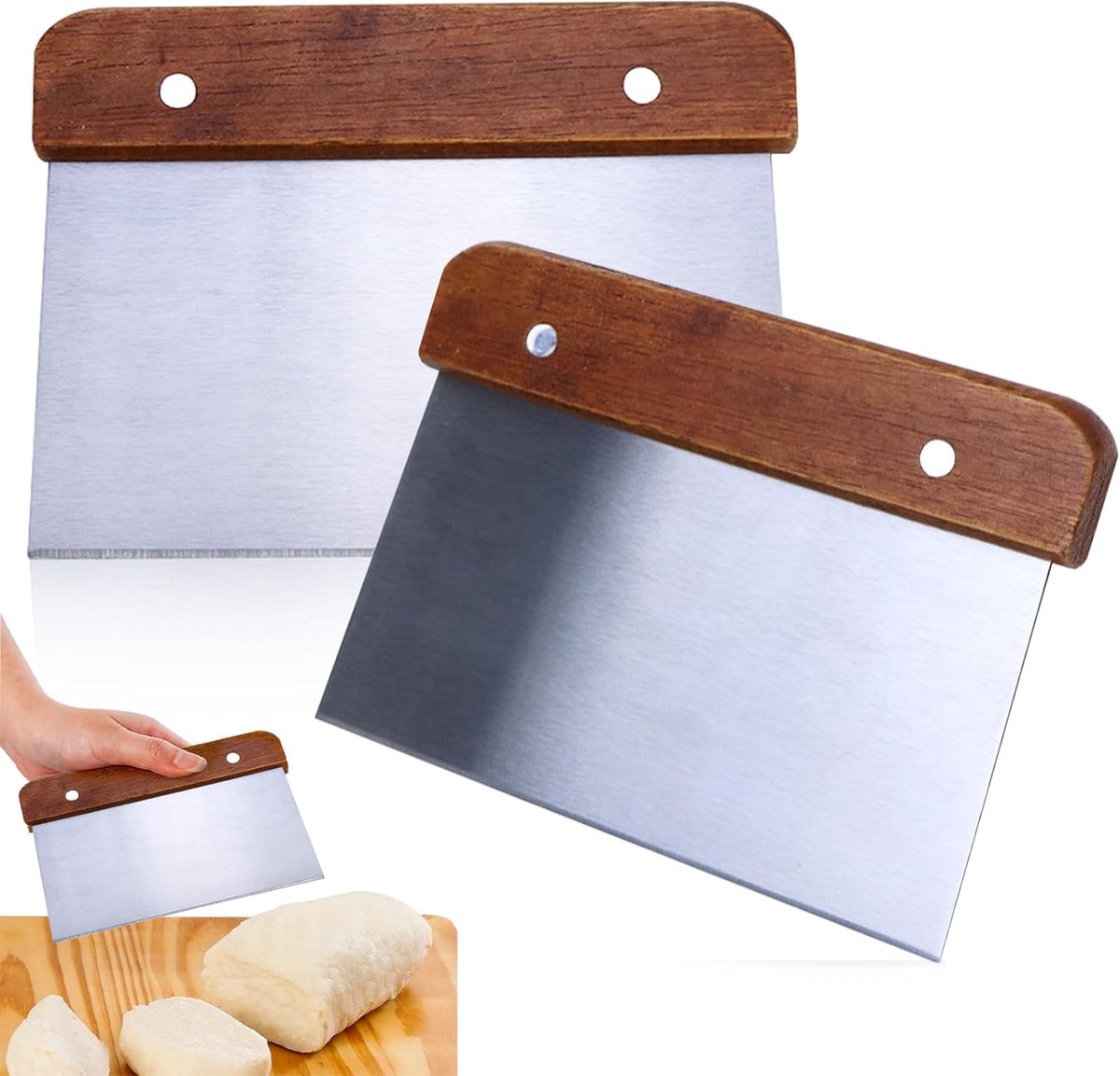 SnelShoppen - 2 Stuks Rvs Deegschraper met Houten Handvat - Deeg Snijder, Spatel voor Pizzadeeg, Cake en Nougat - Keuken Gereedschap voor Bakken