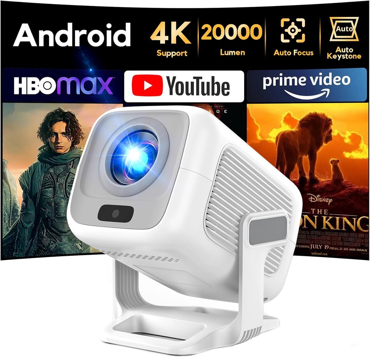 SnelShoppen - 4K Projector met WiFi 6 en Bluetooth 5.2 - Draagbare Projector met Native 1080p Resolutie, Autofocus, 120° Automatische Keystone Correct