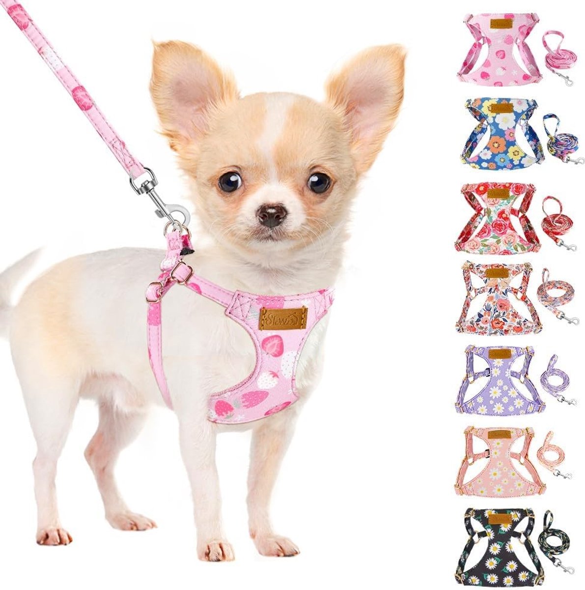 SnelShoppen - Ultra Lichte Hondenharnas met Leash, Geen Trek Soft Suède Puppy Harnas met Bloemenpatroon, Verstelbaar voor Kleine en Middelgrote Honden