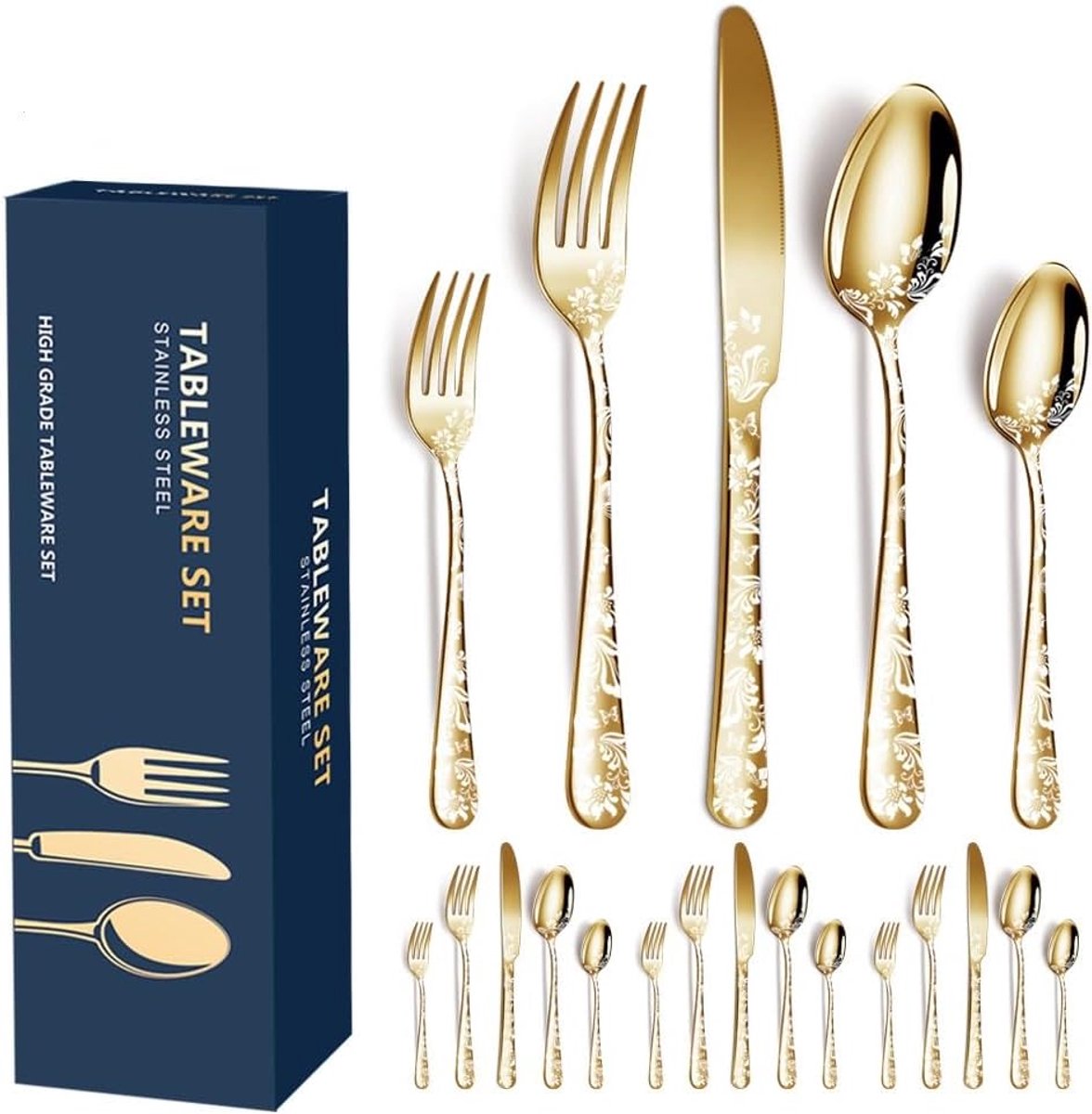 SnelShoppen - Aoresac Bestekset voor 4 Personen, 20 Stuks, Gepolijst RVS met Bloemenpatroon, Inclusief Messen, Vorken, Theelepels voor Keuken, Feest,