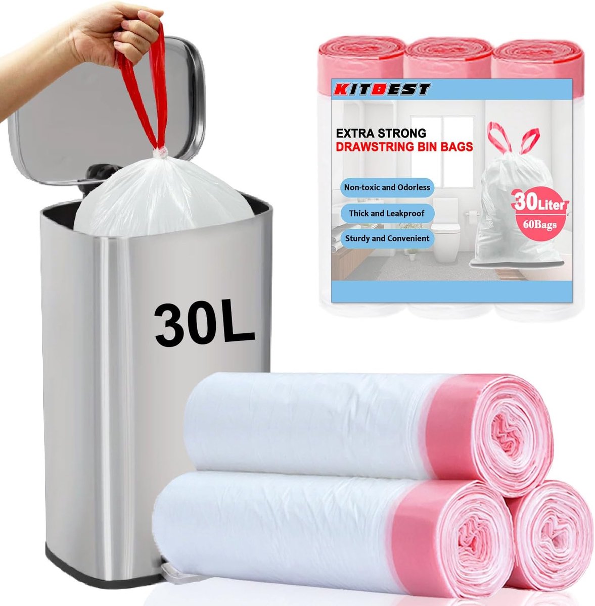 SnelShoppen - 30 Liter Vuilniszakken - Sterke Trekoord Vuilniszakken - 60 Stuks - Wit - Voor Keuken, Badkamer, Slaapkamer en Kantoor - 60 cm x 65 cm