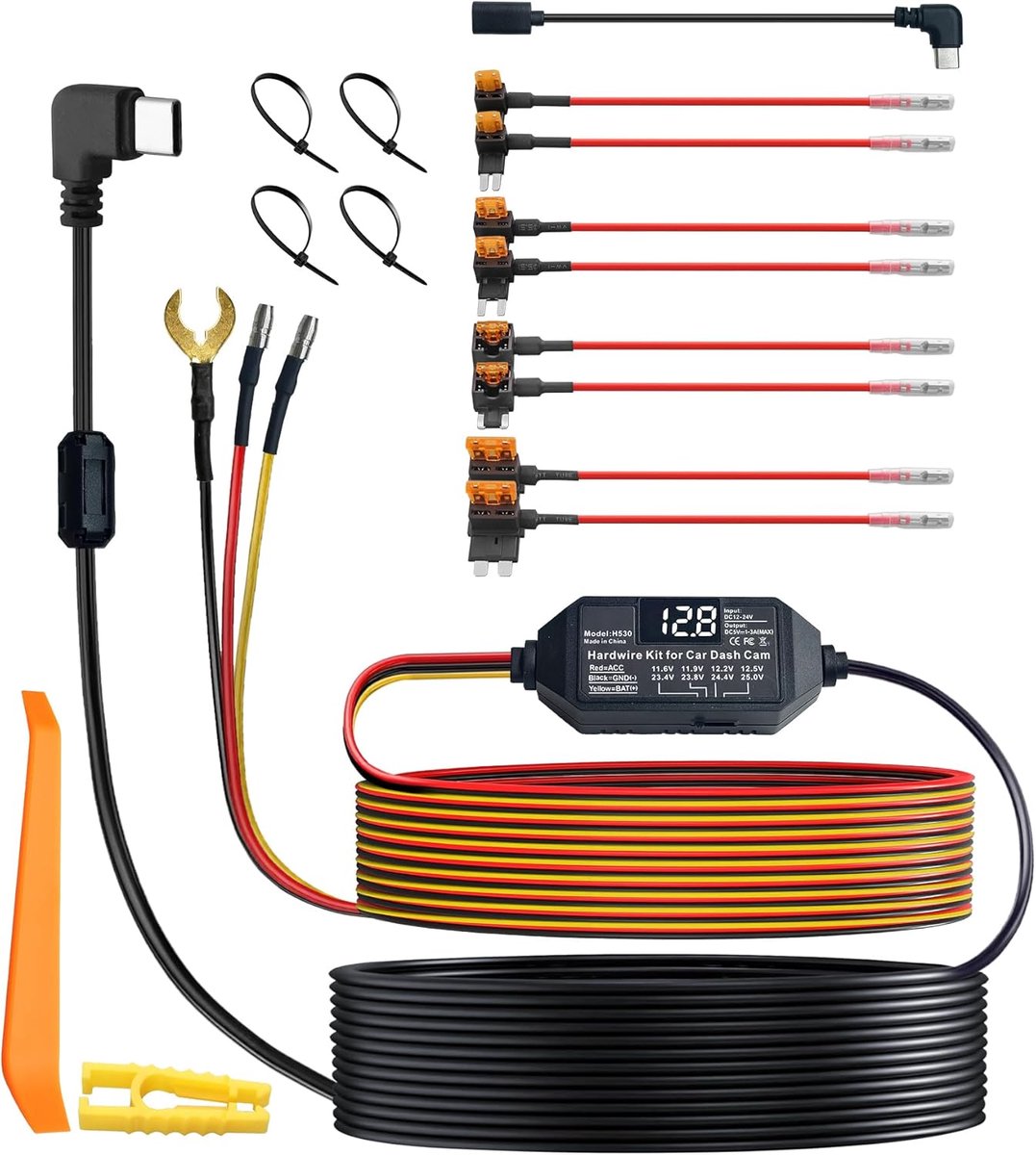 SnelShoppen - eSynic Hardwire Kit Type-C 3.5m voor Dash Cam, Auto SUV 12-24V, ACC-modus, LED-display, Laagspanningsbeveiliging, met Zekeringhouder en