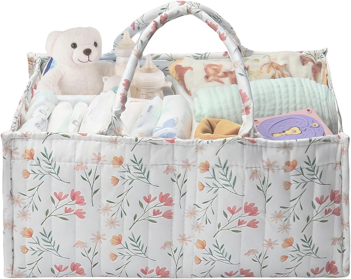 SnelShoppen - Luiertas Organizer, Grote Babyluier Caddy met Handgreep & Uitneembare Scheidingswand, Luiermand met Bloemenpatroon, Multifunctionele Opb
