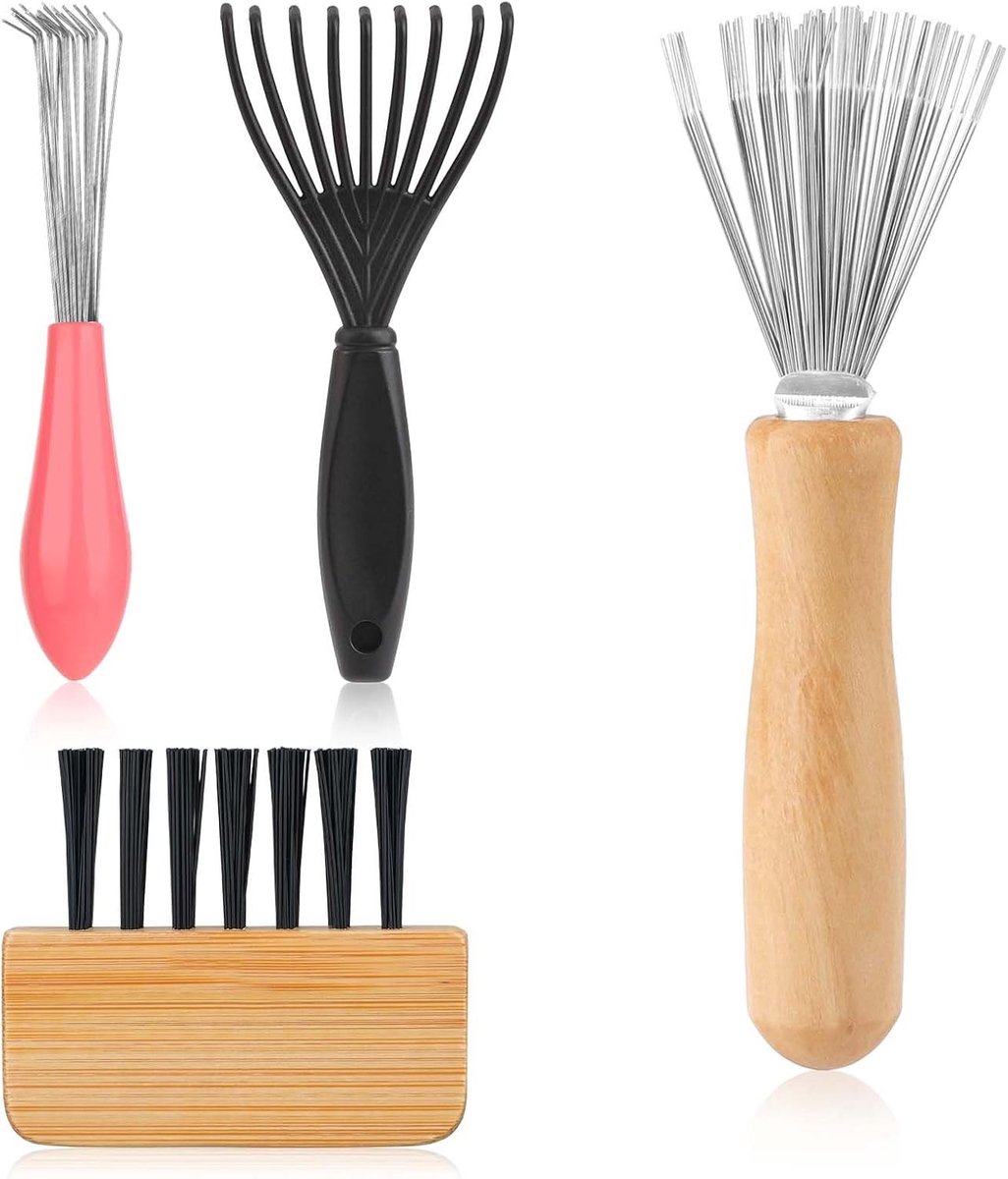 SnelShoppen - 4-delige Borstelreiniger Set, Haarborstel Schoonmaak Tools, Kam Verwijderaar, Houten Handvat, Lichtgewicht en Draagbaar, Perfect voor Th